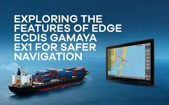 Container ship at sea with Edge ECDIS Gamaya EX1 navigation system screen display